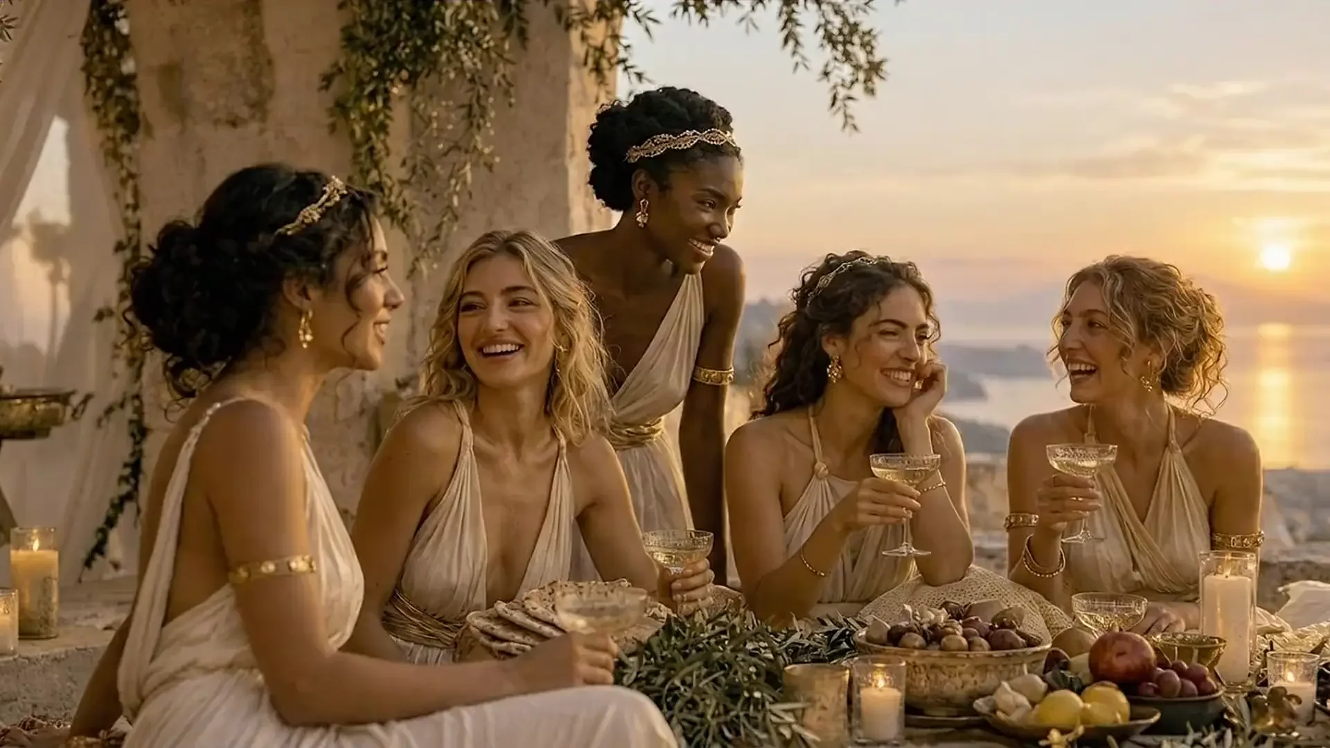 Femmes en tenues antiques ivoire et dorées échangeant sur une terrasse au coucher du soleil